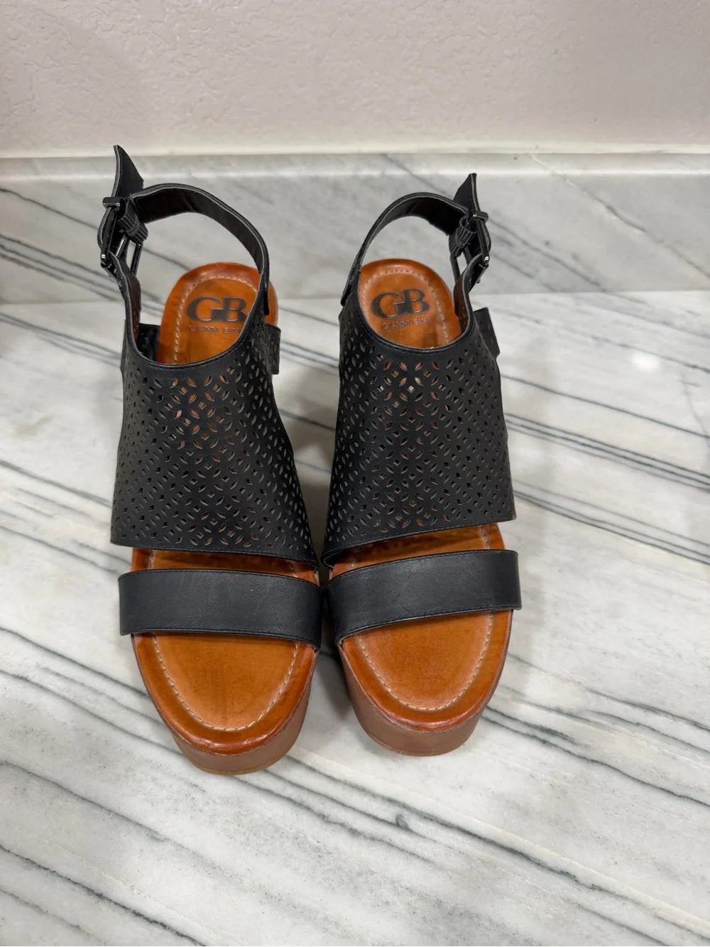 Gianni Bini Black Perforated Leather Wedge Sandals with Brown Platform